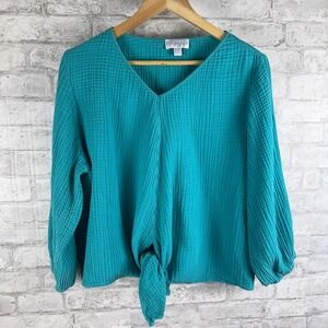 Belle Beach Gauze Popover‎ Tie-Front Top Size XL Teal Blue 3/4 Sleeve V Neck